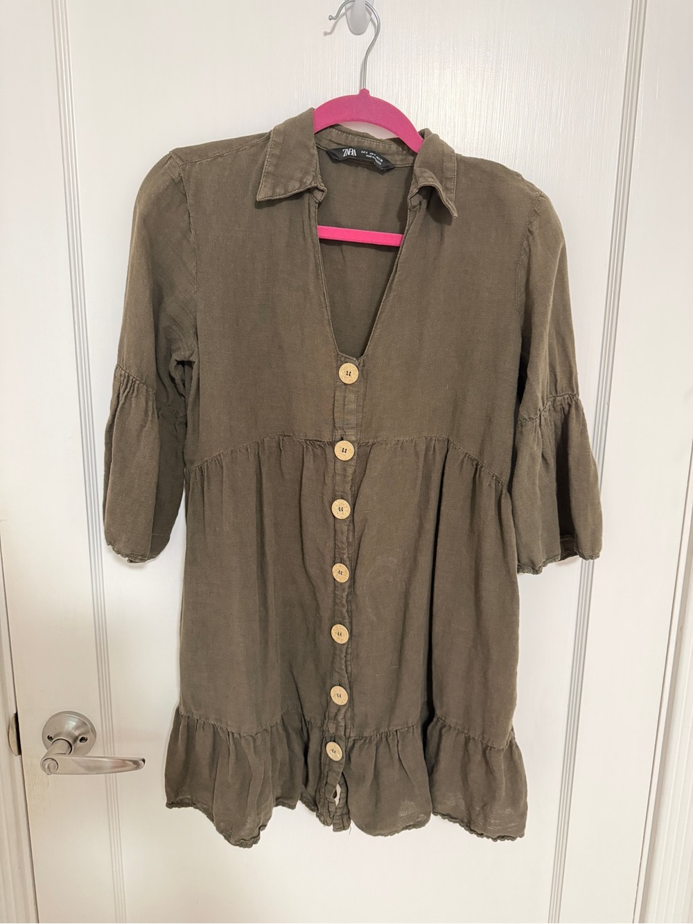 Zara Army Green Linen Blend Mini Dress – Size S